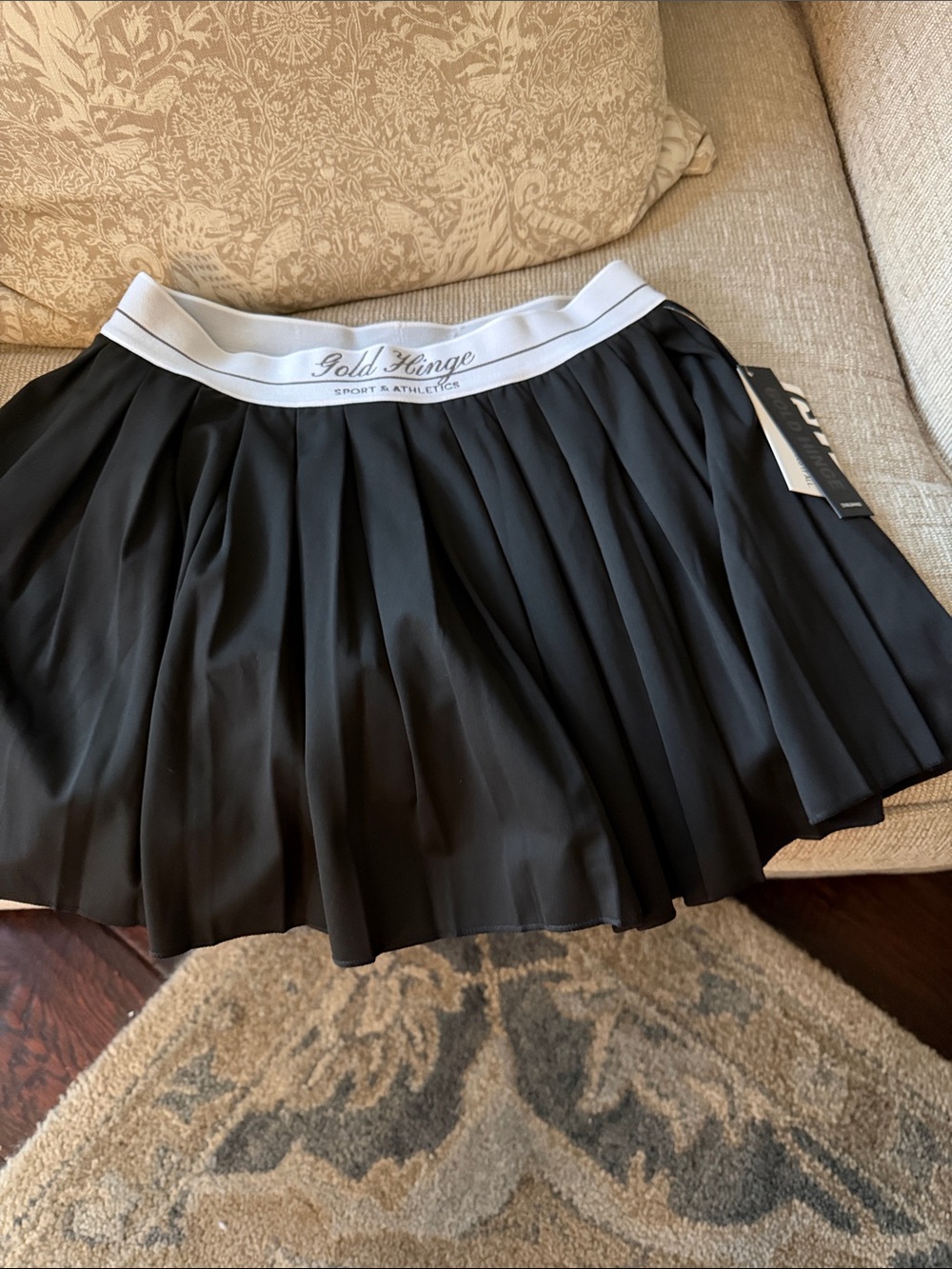 Gold Hinge Black Pleated Skater Skirt with White Waistband